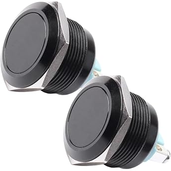 Powice 2 x 22 mm Push Button Waterproof Momentary Switch Made of Stainless Steel Push Button 5A/12V/24V/110V/230V Suitable for Cars Ignition Systems Doorbells Flat Head Black