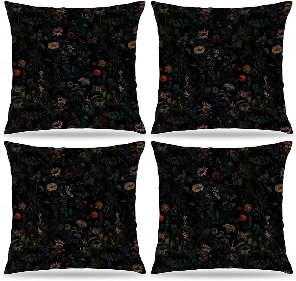Dark Gothic Boho Moody Floral Throw Pillow Cover 18x18 Set of 4