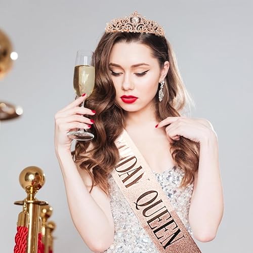 Miniatura 4 de COCIDE Birthday Sash & Birthday Tiara Set - Rose Gold Crowns and Tiaras for Women Decorations Kit Rhinestone Queen Headband for Girl Glitter Crystal