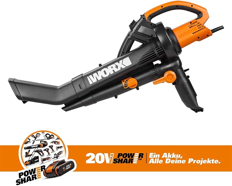 WORX 3000W Elektromos Lombfúvó és Lombszívó Aprítóval - 3 az 1-ben Kerti Eszköz 45L Gyűjtőzsákkal, 335 km/h, 600 m³/h (WG505E)