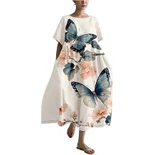 ZOCAVIA Women's Boho Floral Midi Dress Summer Oversized Crewneck Short Sleeve Butterfly Printed Dress Casual Beach Dresses