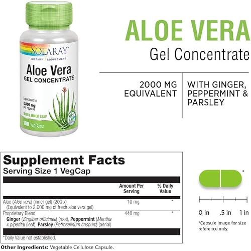Miniatura 4 de SOLARAY Concentrado de gel de aloe vera 200X  Equivalente a 2000 mg de gel fresco, cápsulas de aloe vera con jengibre, menta y perejil, apoyo para