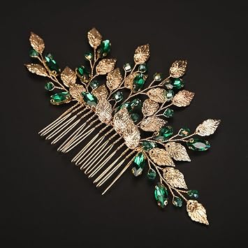 Green Crystal Gold Leaf Hair Comb for Women Girls Wedding Bridal Hair Accessories