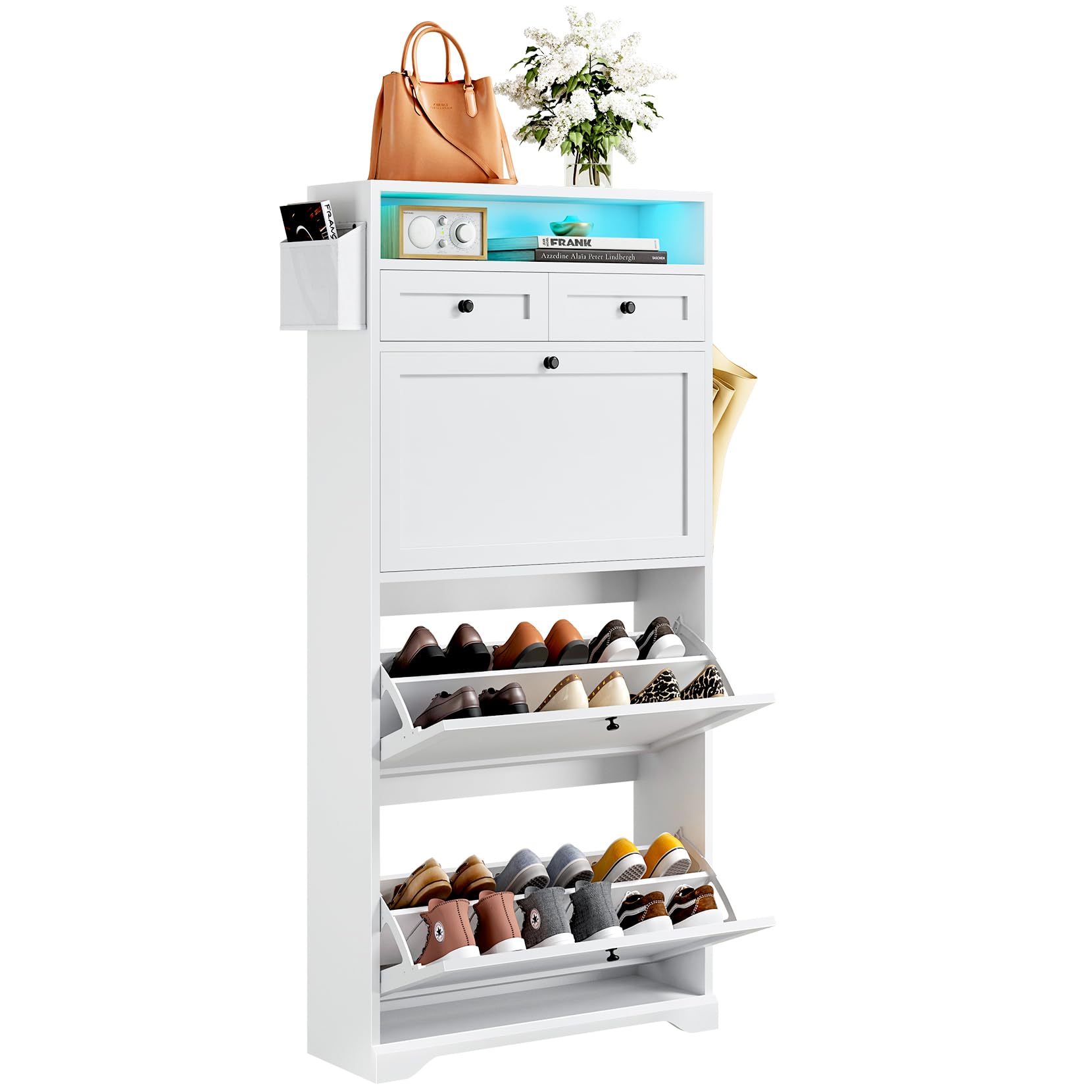 Dripex 3 Flip Drawers Shoe Cabinet, Shoe Cupboard with 2 Drawers & 1 Open Space, Shoe Storage Cabinet with Adjustable Shelf & Anti-Tipping Device, LED Shoe Storage Unit for Entryway and Hallway
