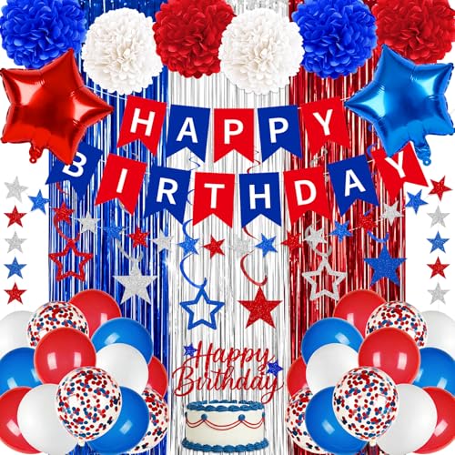 58PCS Red White and Blue Birthday Decorations Red and Blue Birthday Decorations Include Banner Balloons Hanging Swirls Fringe Curtain USA Patriotic HBD Decorations for 4th of July Independence Day