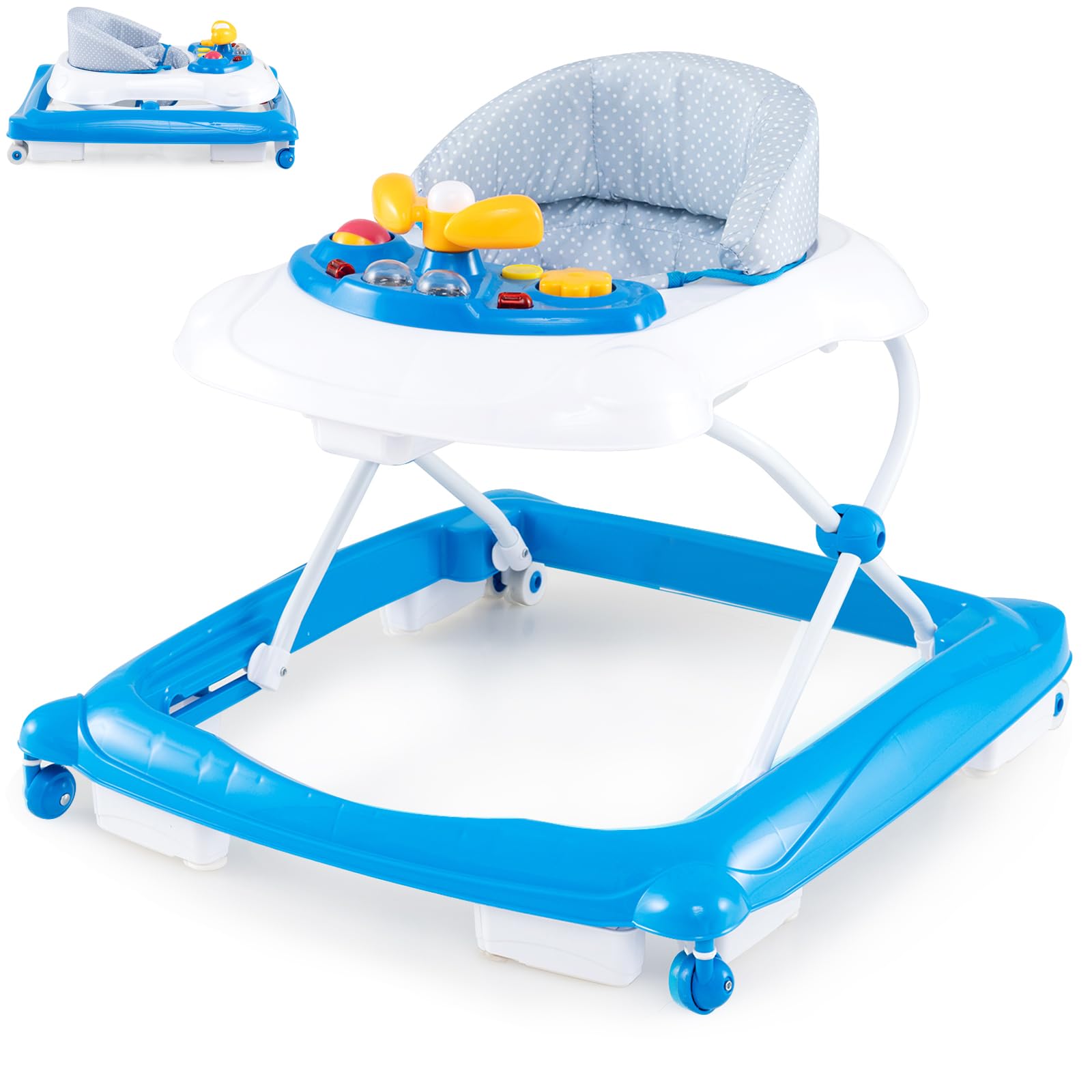 Maxmass 4 in 1 Baby Walker, Foldable Infant Activity Center with 3 Adjustable Heights, Removable Lights and Music Tray & Padded Seat Cushion, Toddler Push Along Walker for 6-14 Months (Blue)