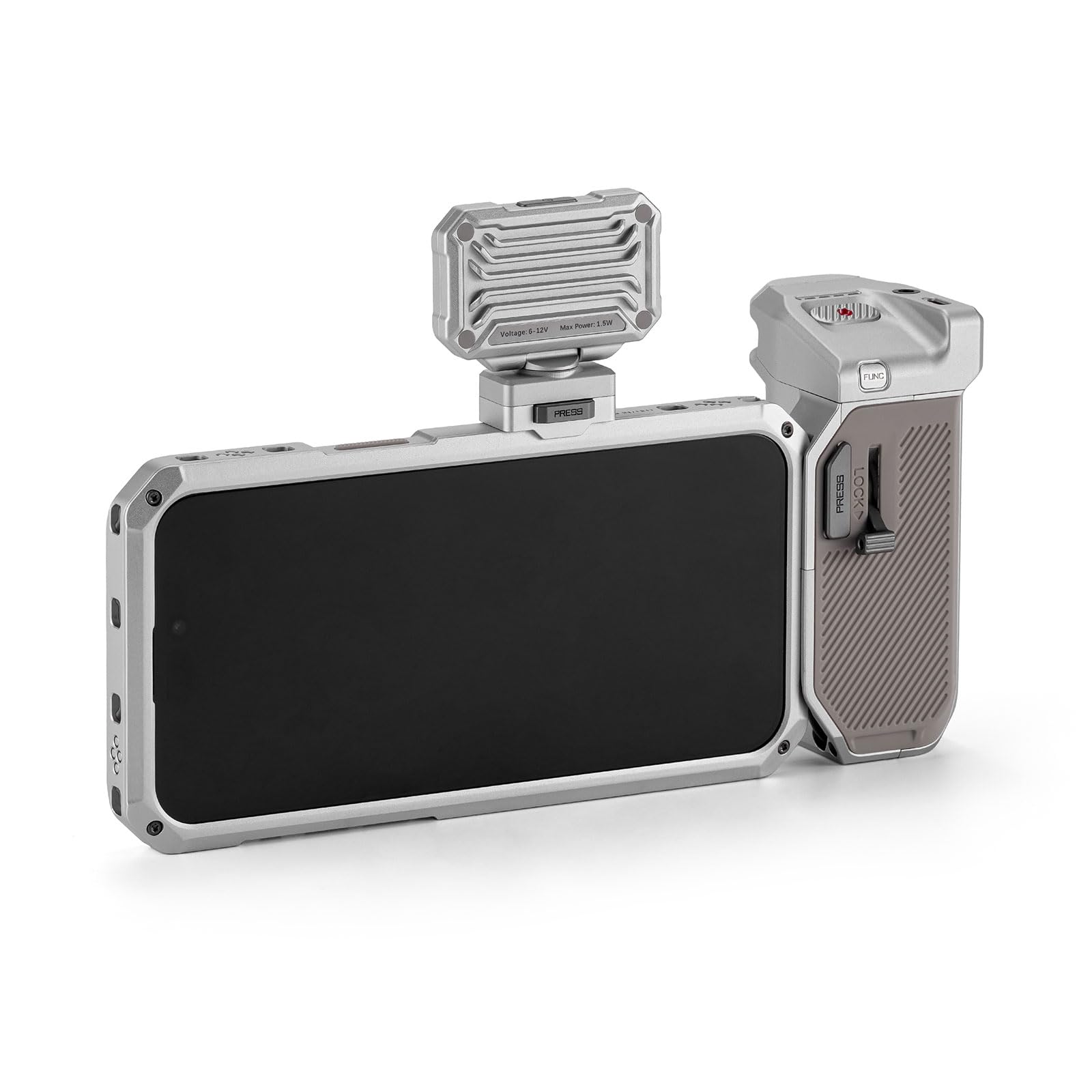 TILTA Khronos - Jaula de teléfono para iPhone 15 Pro Max con mini panel LED y mango Focus PD, equipo de video móvil, estabilizador de funda para smartphone, kit básico de titanio blanco TK-IP15-PMB-TW