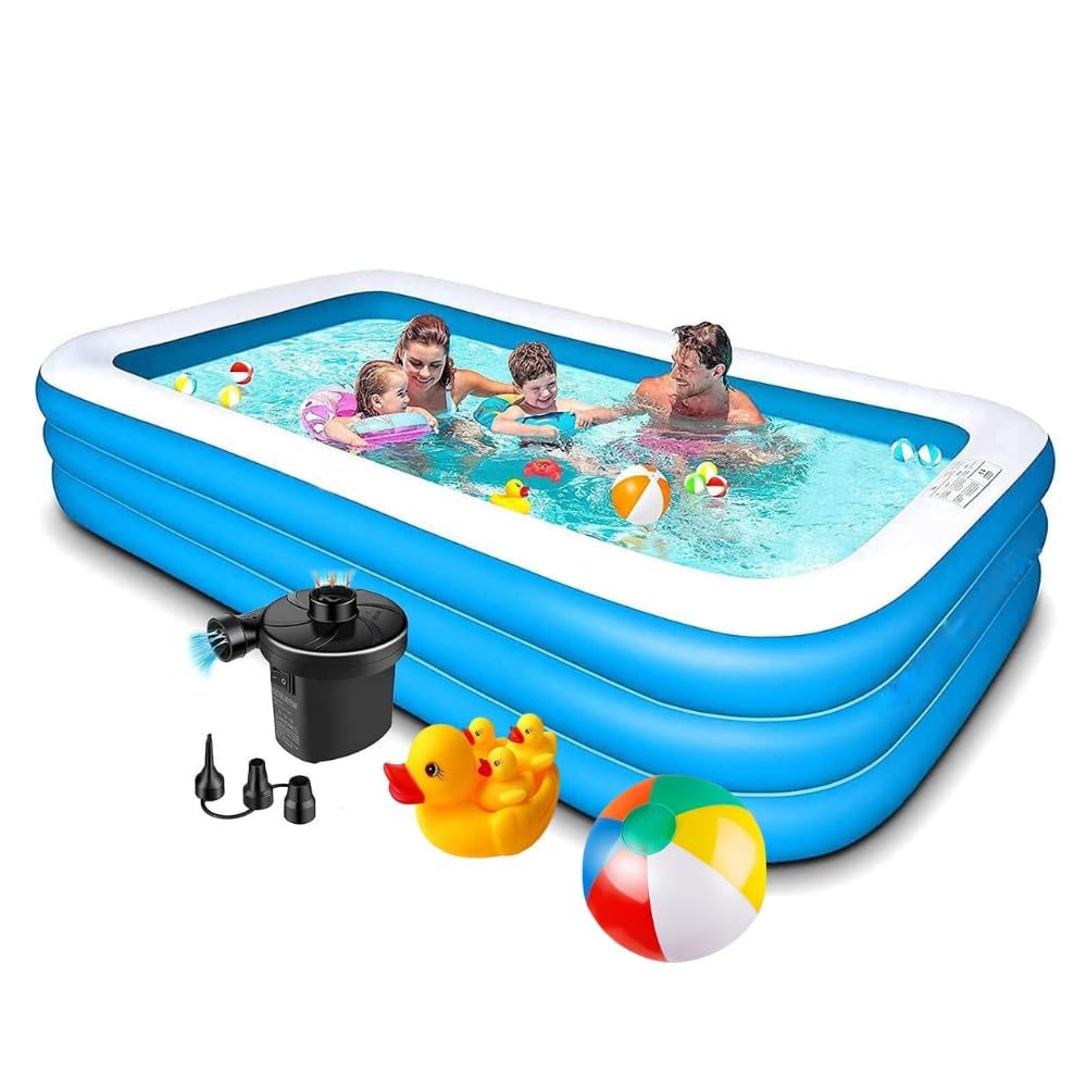 soldtrue 10 feet 3-stripped inflatable swimming pool – fun and spacious backyard pool for kids & adults, easy setup 120x 72"x 22" inch with duck family & inflatable ball (1 pcs.)