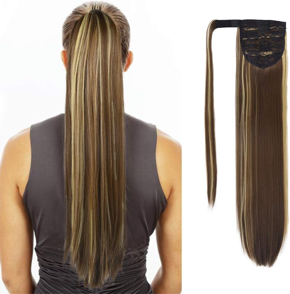 Clip in Ponytail Extension Wrap Around Straight Hair for Women (28", Brown/Ash Blonde Mix)