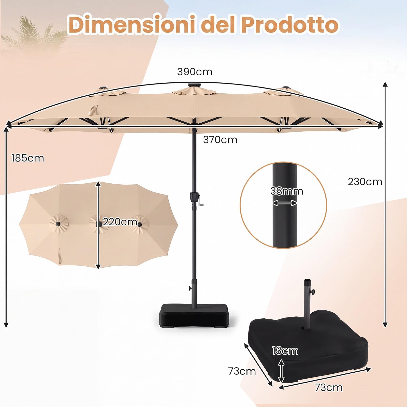 COSTWAY Ombrellone da Giardino Doppio 370 x 220 cm, con 12 Stecche, 108 Luci LED Solari, 12 Modalità, 3 Prese d'Aria, Manovella e Base, Anti-UV, per Spiaggia, Piscina e Cortile