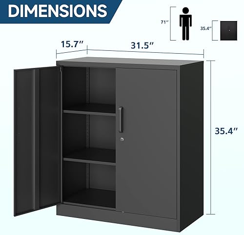 Miniatura 3 de MIIIKO Armario de almacenamiento de metal con puertas de bloqueo, armario de almacenamiento de 2 puertas con 2 estantes, gabinete de metal negro con