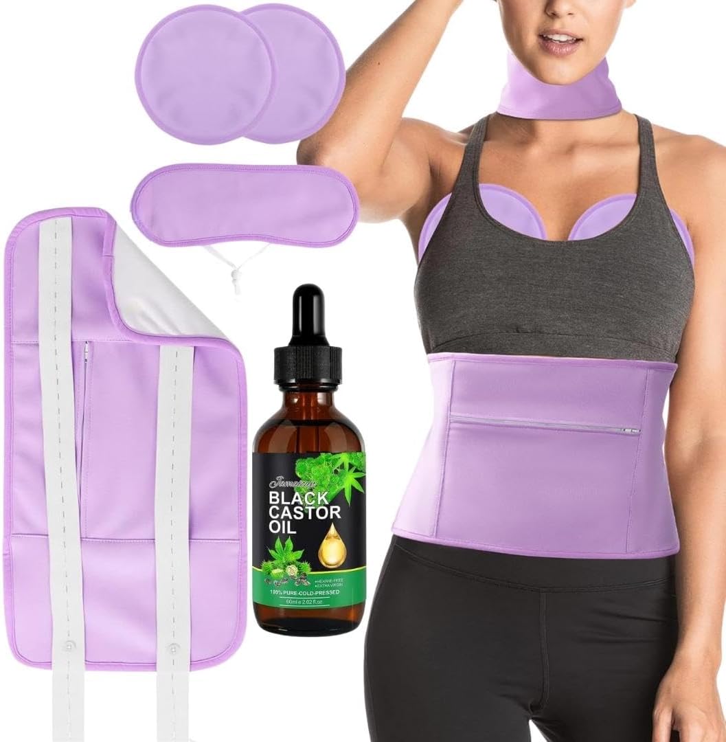 MIMI & BEIBEI4Pcs Castor Oil Wrap Pack Set with Castor Oil, Neck, Chest Pads & Waist Purple | Castor Oil Compress Wrap | Organic Cotton Packs for Liver Detox |Comfort Sleep Castor Oil Wrap Stomach