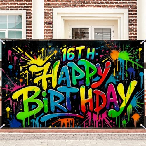 Image of Nuxovilar 16th Birthday Banner Polyester Graffiti Backdrop Decor 71 inchx43