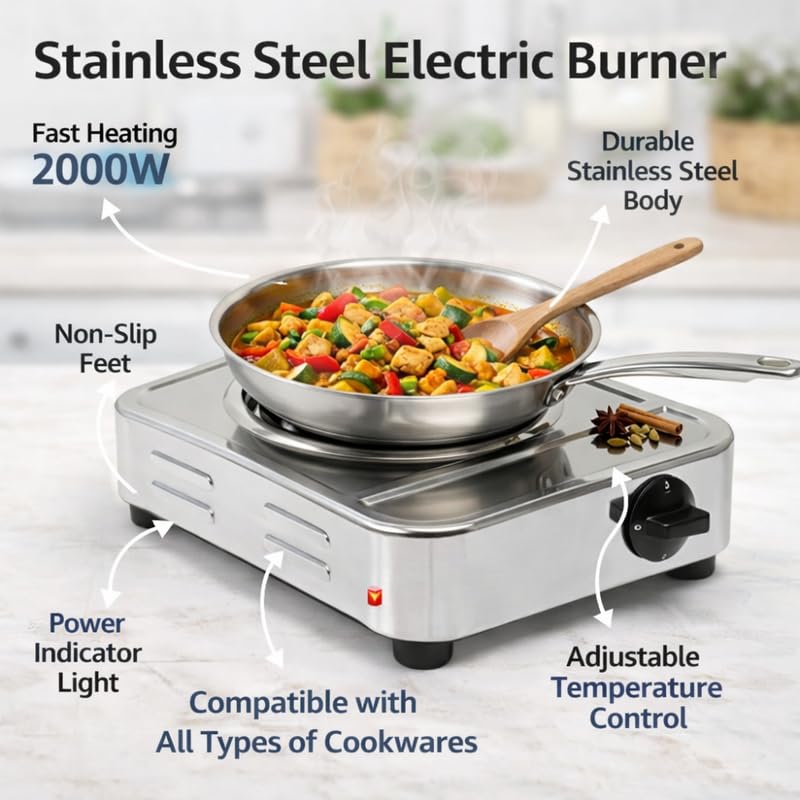 Image of Elevea 𝟏𝟓-𝐘𝐞𝐚𝐫 𝐋𝐨𝐧𝐠-𝐋𝐢𝐟𝐞 𝐖𝐚𝐫𝐫𝐚𝐧𝐭𝐲 Electric Cooking Plate, 2000 Watt Fast Heating Coil Stove, Compact Hot Plate for Kitchen, Travel Friendly Single Burner, Durable