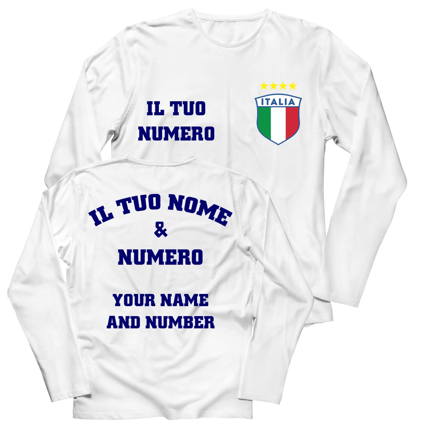 lepni.me Mens Personalised Long Sleeve Football Jersey Italy T-Shirt| Your Name and Number | Italian Flag Badge | Football Championship (XS White Multi Color)