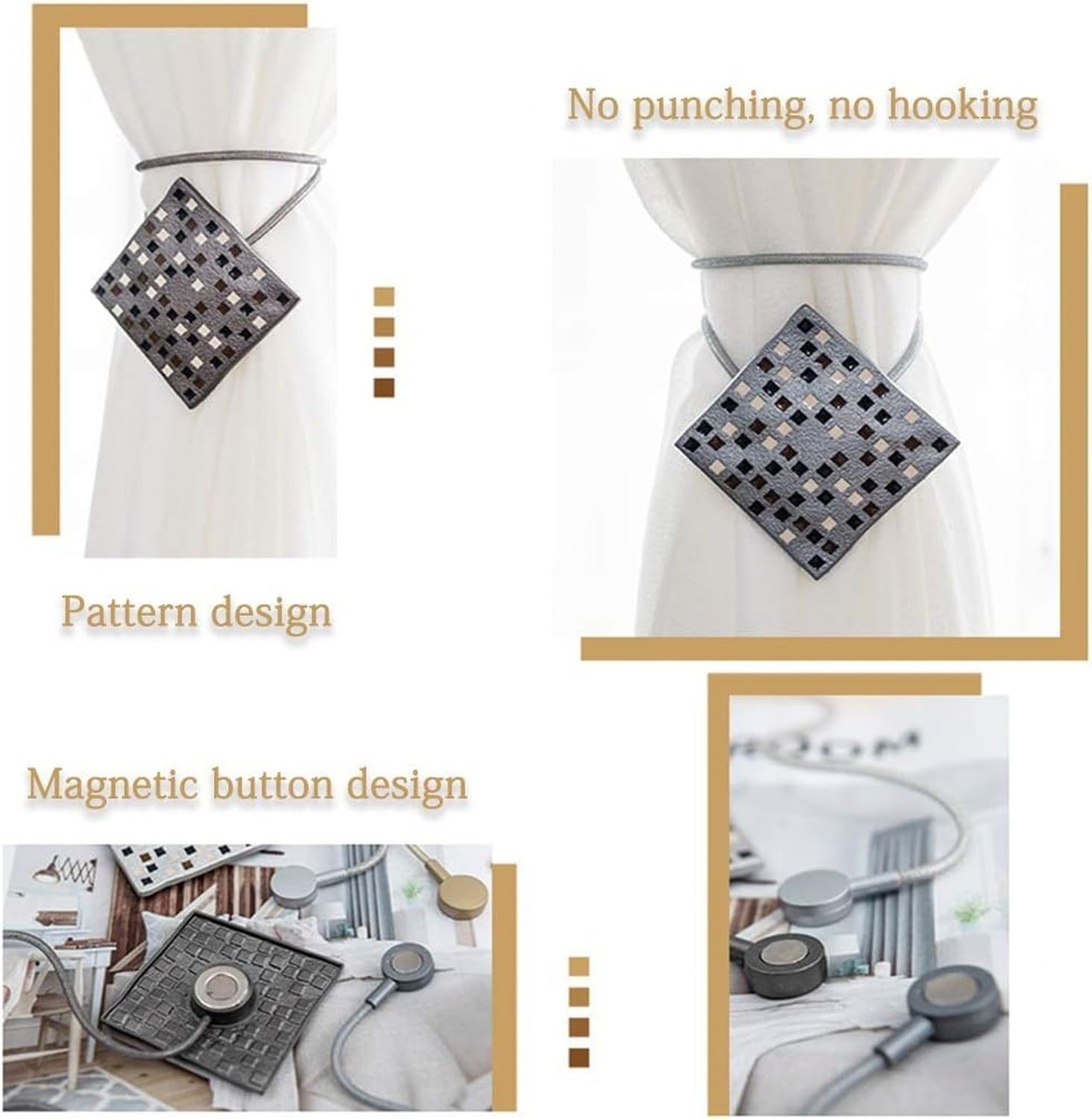 Fermacortina Magnetica a Scacchi per da Finestra, Reggitenda Laterale Senza Perforazione, Cinghia Adesiva per Tende, Accessorio Trasparente in Lega, N, Grey*2