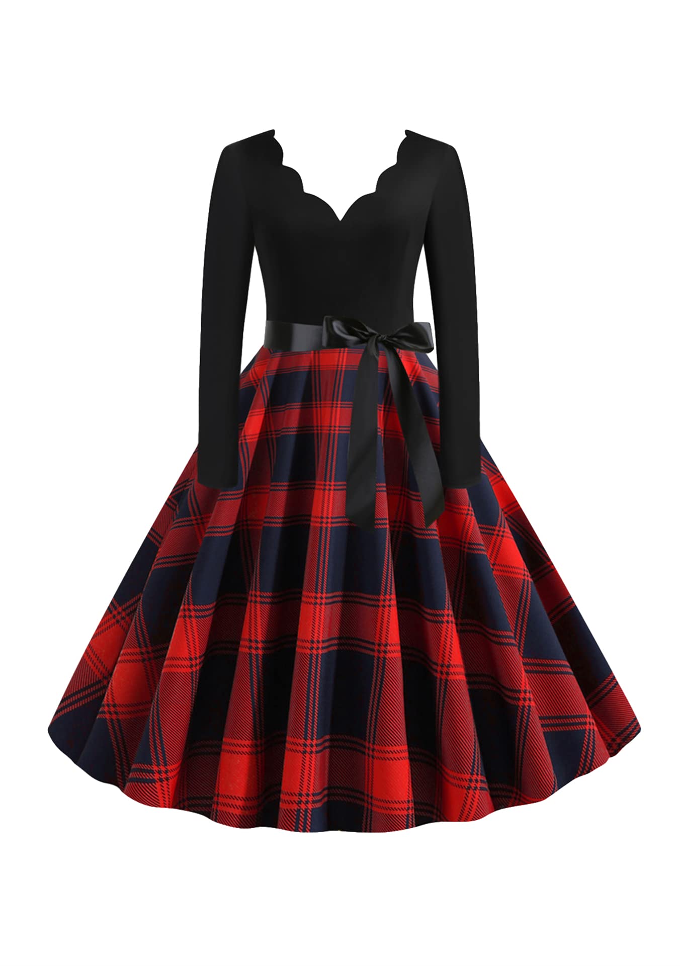 EFOFEI Womens V Neck Hepburn Prom Dress Vintage Plaid Cocktail Party Dress Retro Rockabilly Dress with Belt