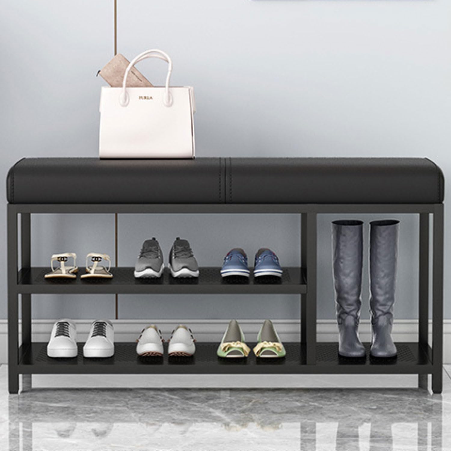 SXZenSpace Shoe Changing Bench Entrance with Upholstered, Bedside Bench, Sofa 2-Tier Metal Rack Suitable for Closet Hallway Doorway Living Room