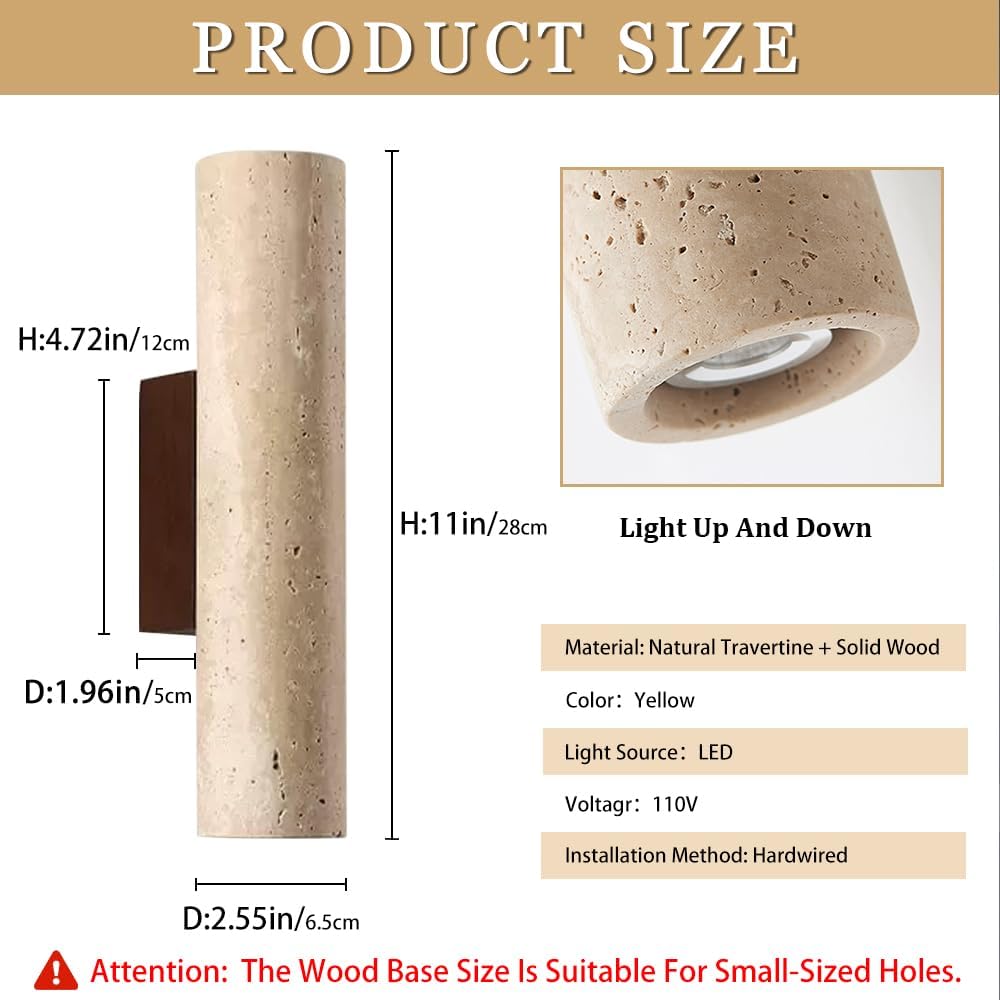 Natural Yellow Travertine Wall Lamp, 11"H Long Linear Stone Wall Sconce with Stone Lampshade Wooden Base, Mid Century Modern Wall Sconces for Dining Room Bedroom Living Room Hallway (Indoor Use)