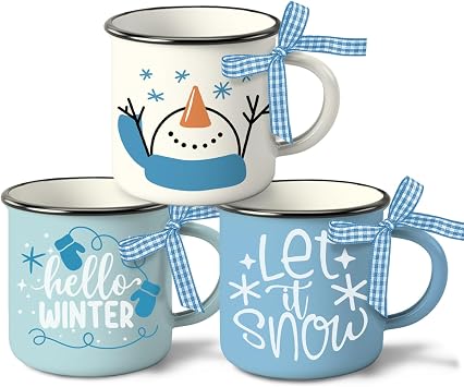 Hello Winter Snowman Mini Coffee Mug Set of 3, Let It Snow Glove Snowflake 5 oz Mini Coffee Cups Tiered Tray Decor, Blue Christmas Holiday Kitchen Coffee Bar Decorations Housewarming Gift