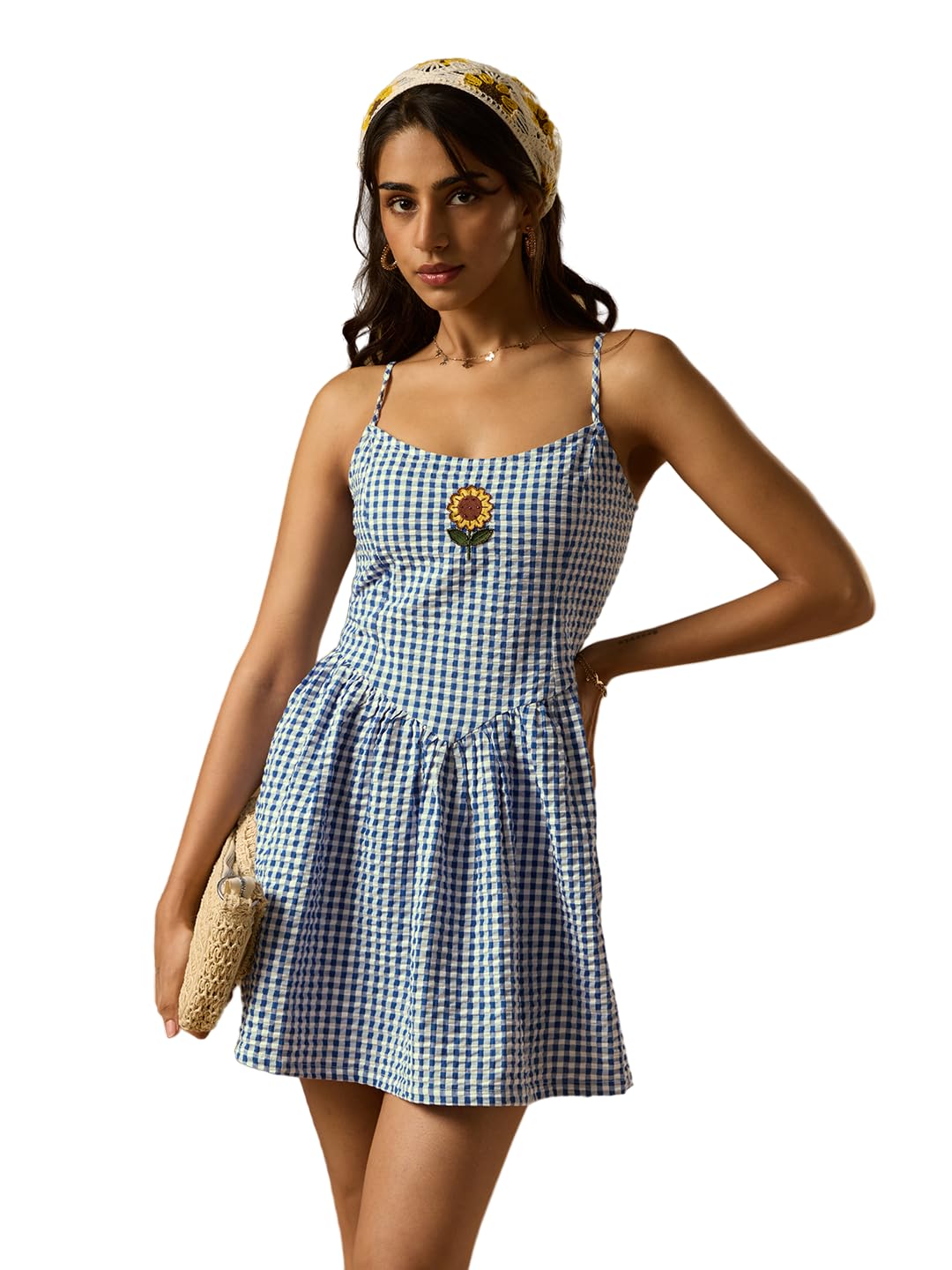 the souled store Corset Gingham Dress: Sunflower Women and Girls Sleeveless Sweetheart Neck Blue and White Embroidered Cotton Regular Fit Breathable Lightweight Summer Casual Dresses-picture-31