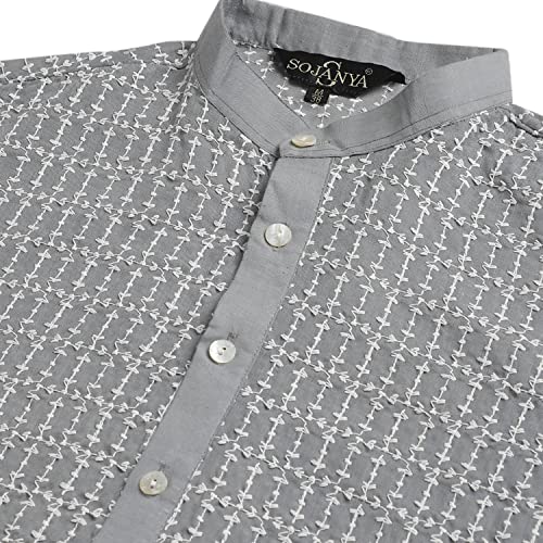 Image of SOJANYA (Since 1958 Men's Pure Cotton Blue Kurta with White Embroidery and White Pyjama Set