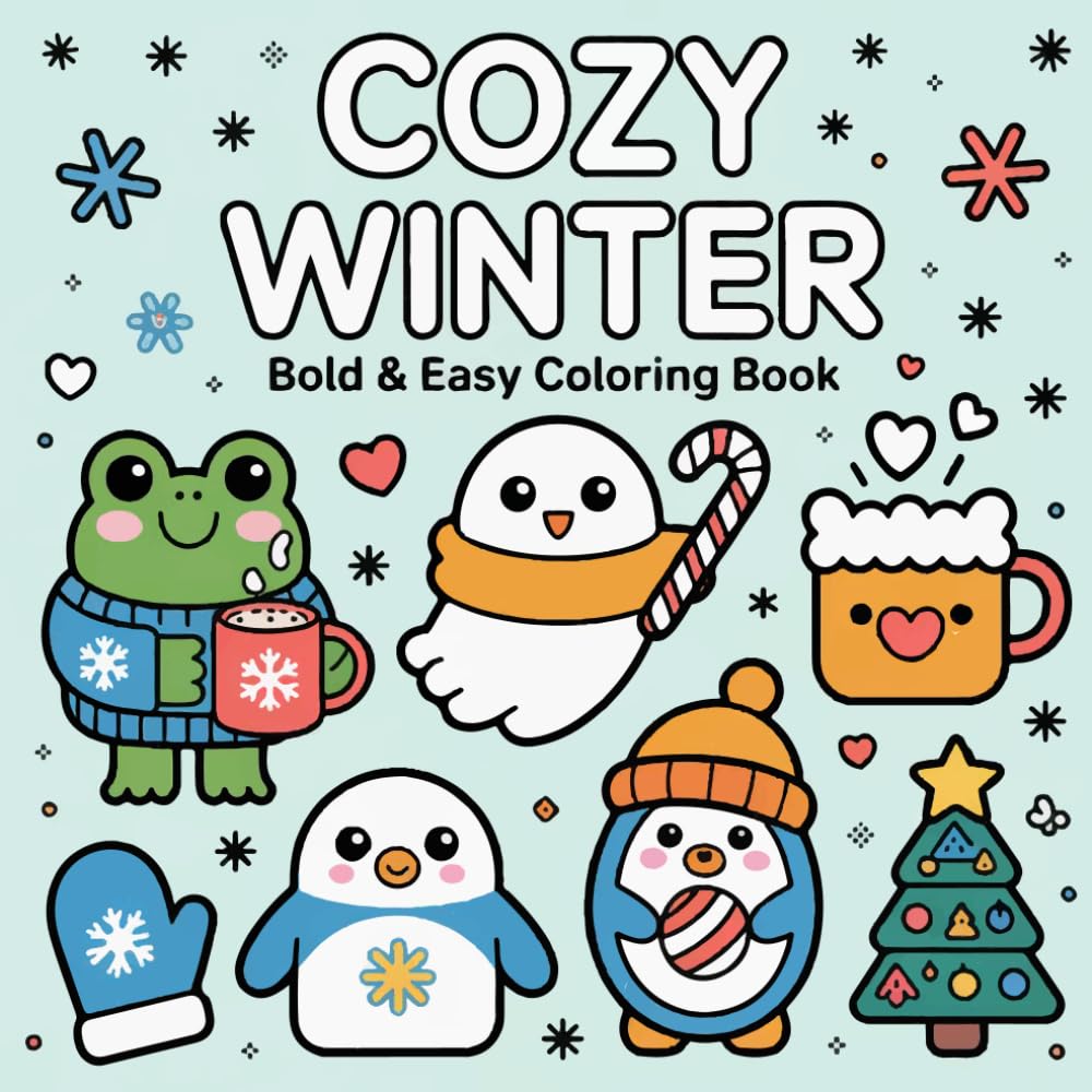 Cozy Winter bold and easy Coloring Book for Kids: Cute winter animals and holiday scenes for relaxing easy coloring fun