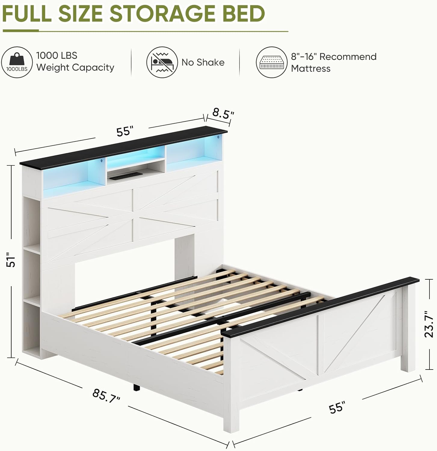 Farmhouse Full Size Bed Frame with 51" Tall Storage Headboard, 3-Tier Bookcase on Both Sides, Wooden Full Bed Frame with Charging Station and LED Lights, Noise Free, No Box Spring Needed, White