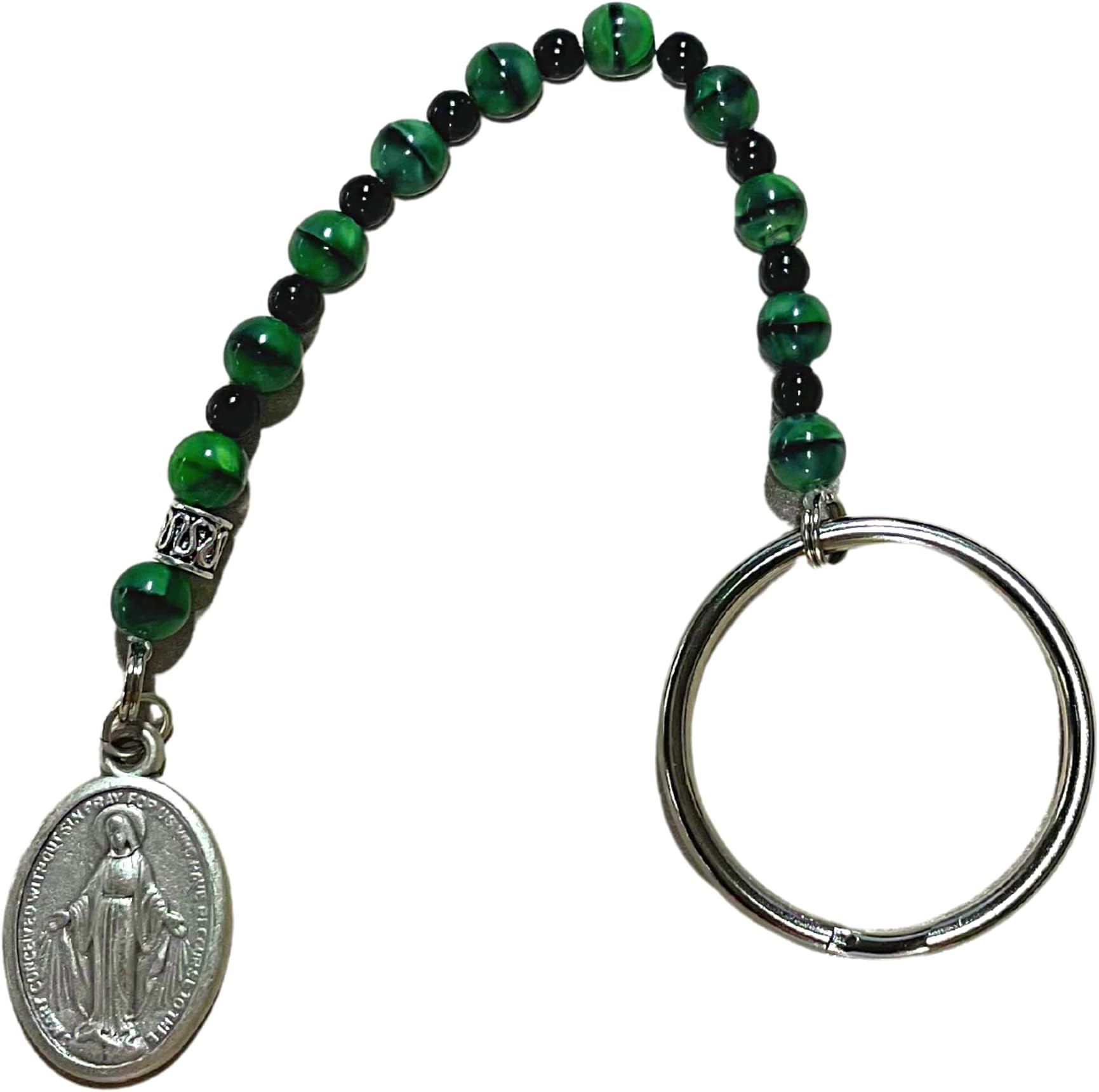 D-TradingGreen Glass Prayer Beads 1 Decade Rosary with Mary Medal Key Ring or Bag Clip