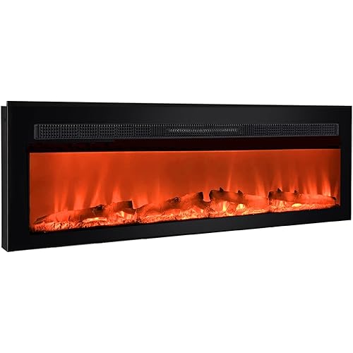 50 Inches Electric Fireplace with 20 Realistic Flames, Ultra Thin Wall Mounted Fireplace with Remote Control, Log Set & Crystals, Independent Flame and Heat Control for Year-Round Use, Black