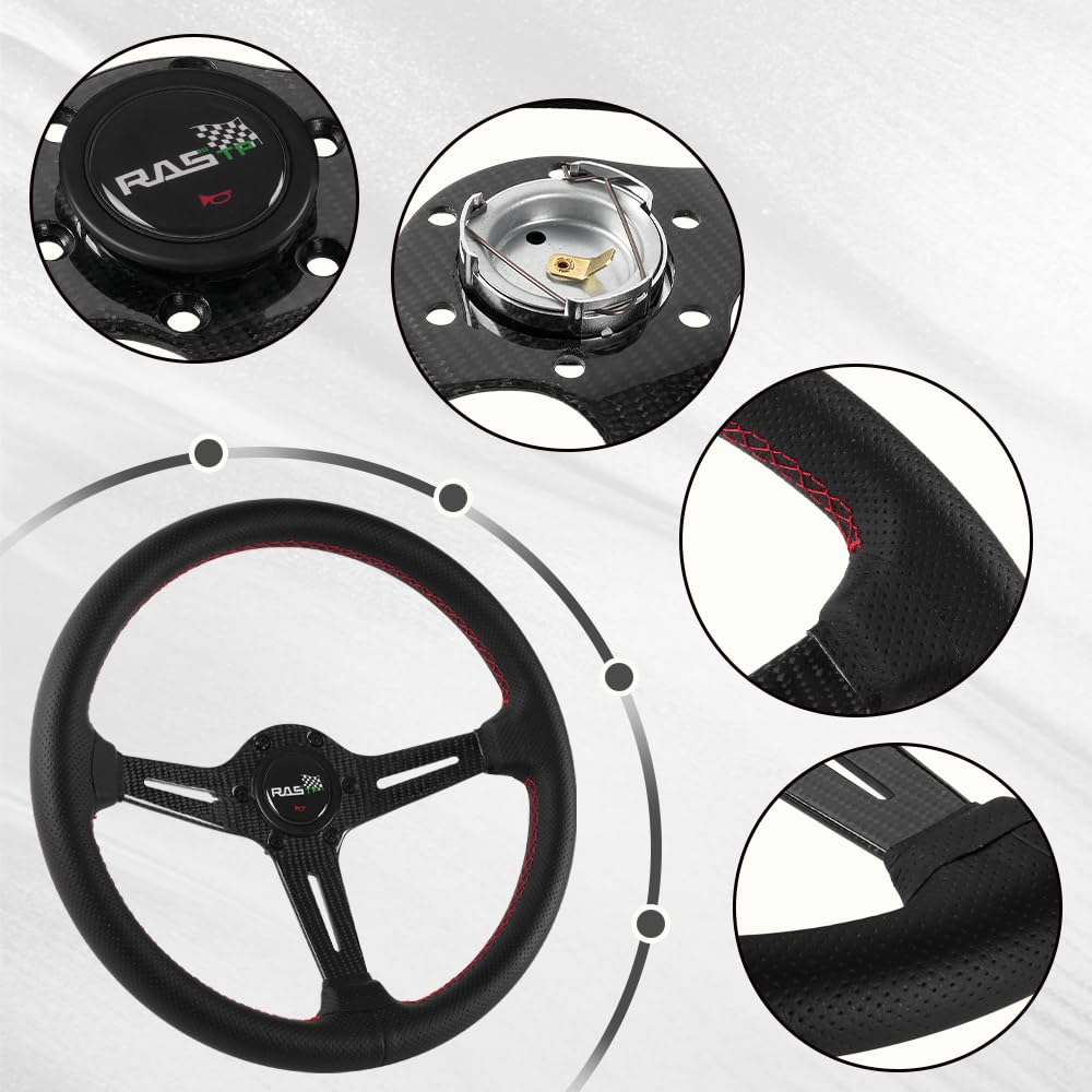 RASTP 13.8”/350mm Racing Steering Wheel, Grip PU Leather & Real Carbon Fiber Spoke 6 Bolt Steering Wheel