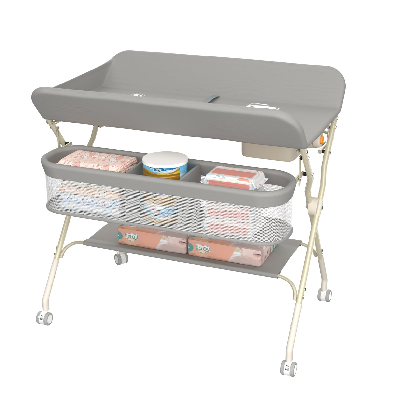 Fasciatoio Neonato 2 in 1, 0-12 Mesi (max 25kg), Fasciatoio con Vaschetta Bagnetto, Chiusura Compatta, （A）75 * 68 * 83-91 cm (Grigio)