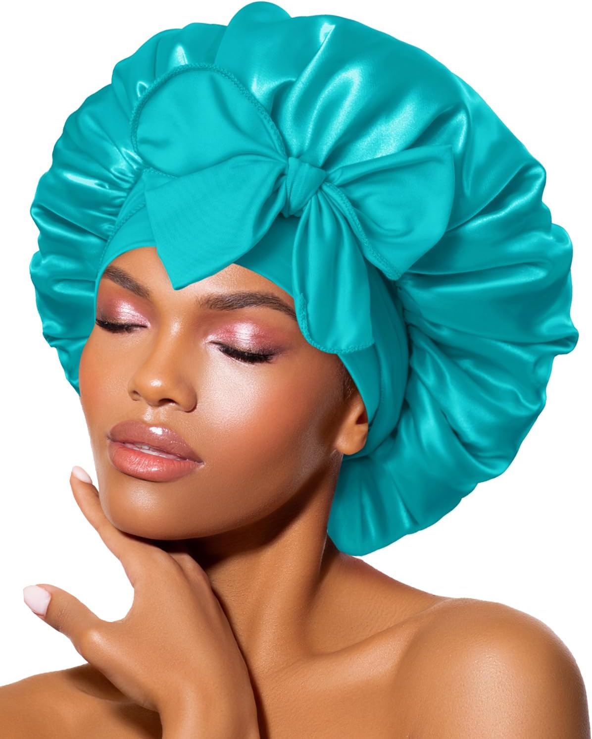 BONNET QUEEN Silk Bonnet for Sleeping Women Satin Bonnet Night Sleep Cap Wrap for Curly Hair with Adjustable Tie Band, Single Layer, Aqua Blue