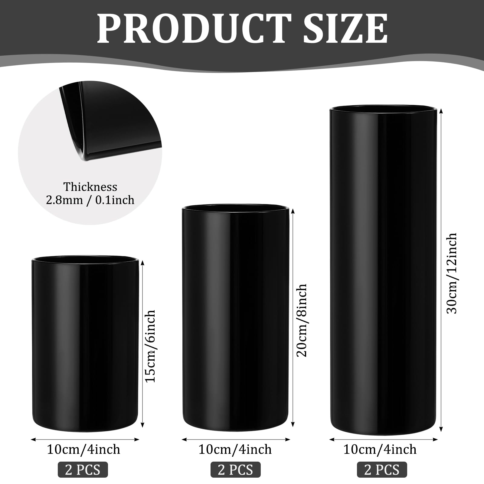 Black Glass Cylinder Vases Glass Flowers Vase (H: 6'' 8'' 12''; D: 4'') Tall Glass Vase Hurricane Floating Modern Candle Holder Vase for Home Wedding Formal Dinner Party Centerpiece Decoration (6 pCS)