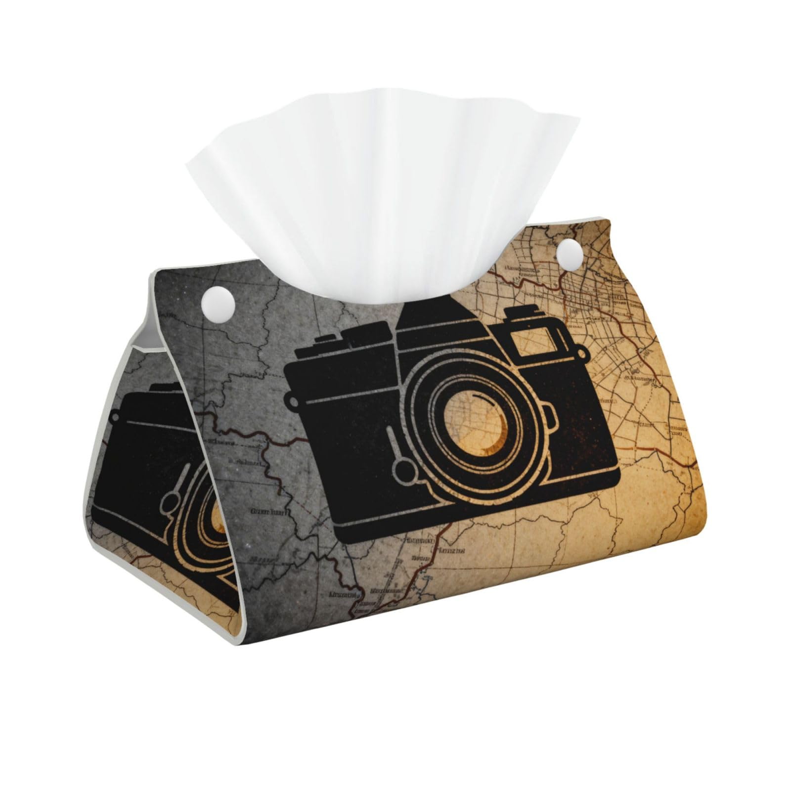 Camera Map Icon Long Leather Tissue Box Cover-Waterproof PU Leather Tissue Holder for Bathroom, Decorative Rectangular Tissue Case
