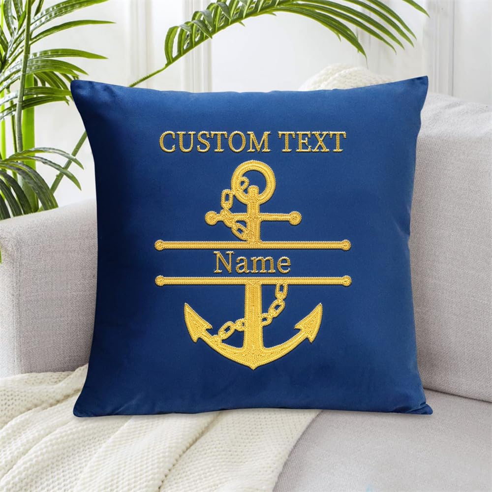 Personalized Nautical Ocean Blue Embroidered Pillow Covers, Custom Sailor Sailing Boat Captain Name Pillow Cushion with Compass, Nautical Boat Ship Sailboat Sailing Pillowcases Decoration Gifts