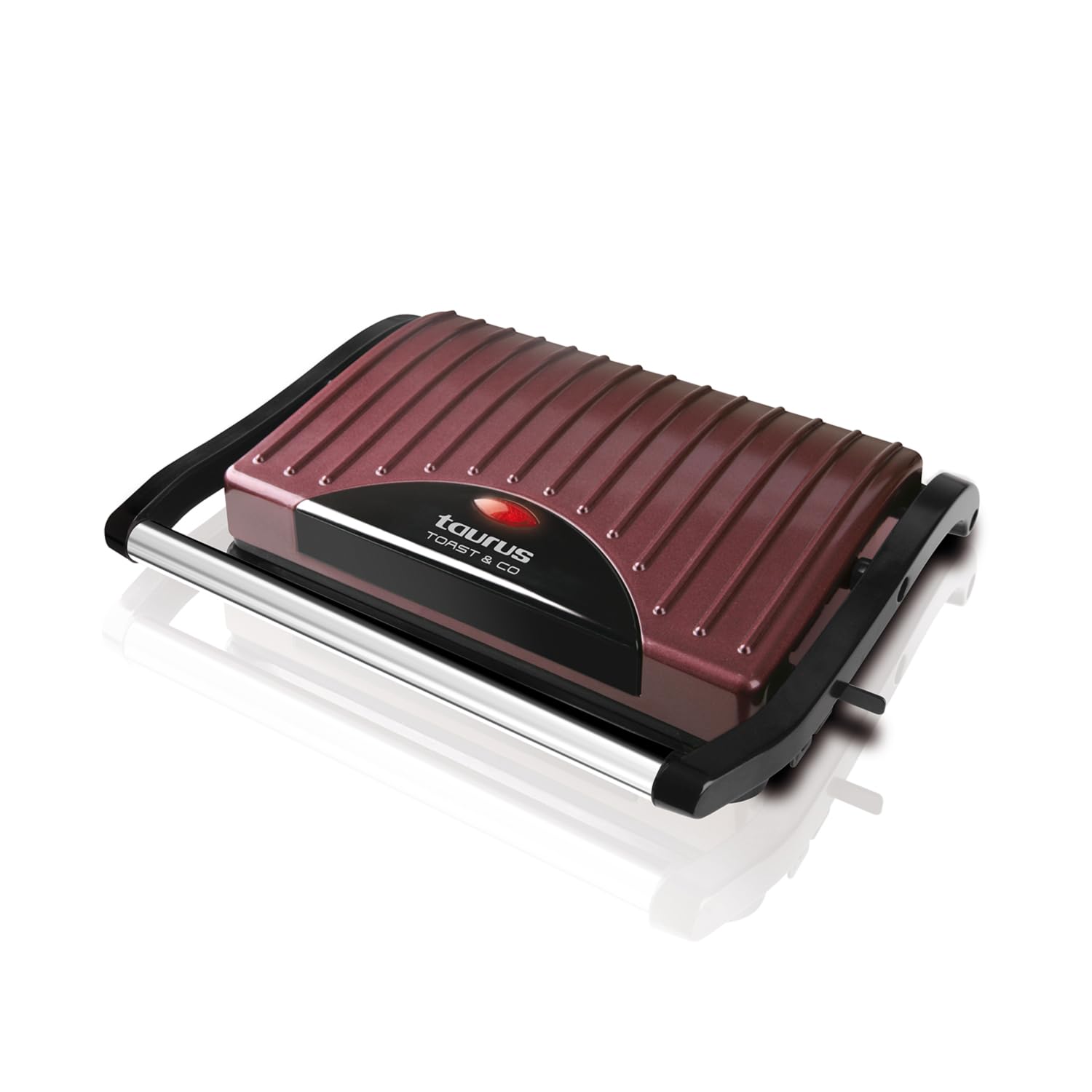 Taurus - Sandwichera eléctrica Toast & Co 700W, Placas grill antiadherentes, Placa superior auto ajustable, Asa cool touch, Sistema de bloqueo, Almacenaje vertical, Burdeos