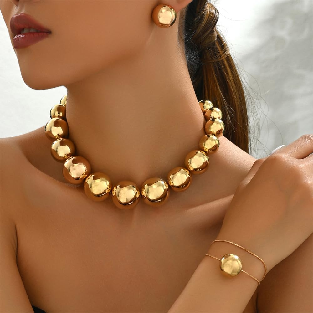 Chunky Gold Beaded Jewelry Sets for Women Dainty Round Balls Beads Bib Choker Necklace Vintage Ball Wrap Bold Stud Earrings Adjustable Collar Necklaces - Image 4