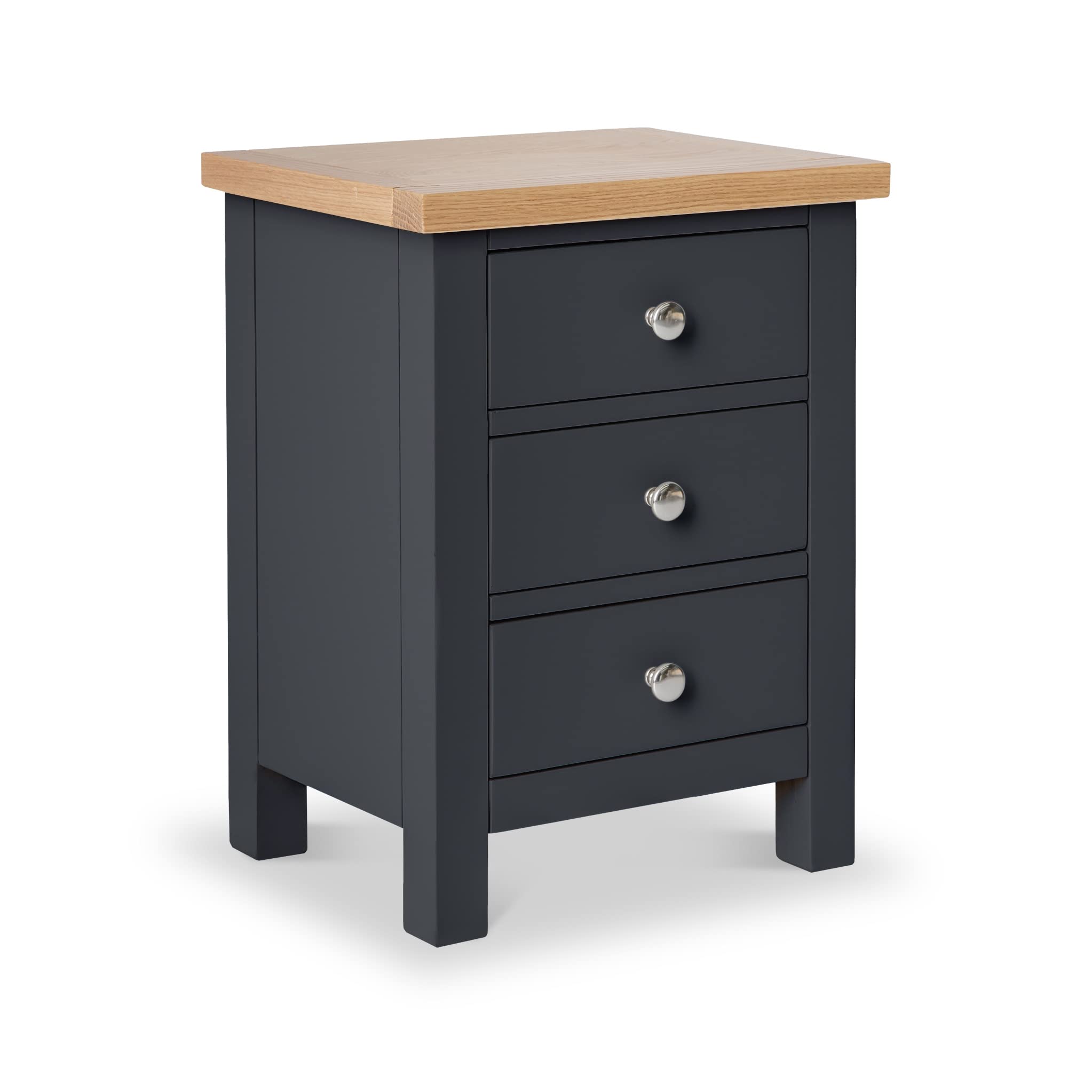 RoselandFurniture Farrow Charcoal Grey Bedside Table Quality 3 Drawer Bedside Cabinet with Oak Top | Fully Assembled Painted Solid Wooden Side End Nightstand for Bedroom, Bathroom, and Hallway