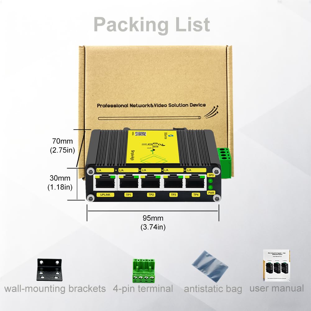 Htfoevrxs Switch Gigabit industriale a 5 porte, ingresso DC12-48V, 10/100/1000Mbps, guida DIN e IP40 a parete, monitoraggio della sicurezza/comunicazione/trasmissione dati