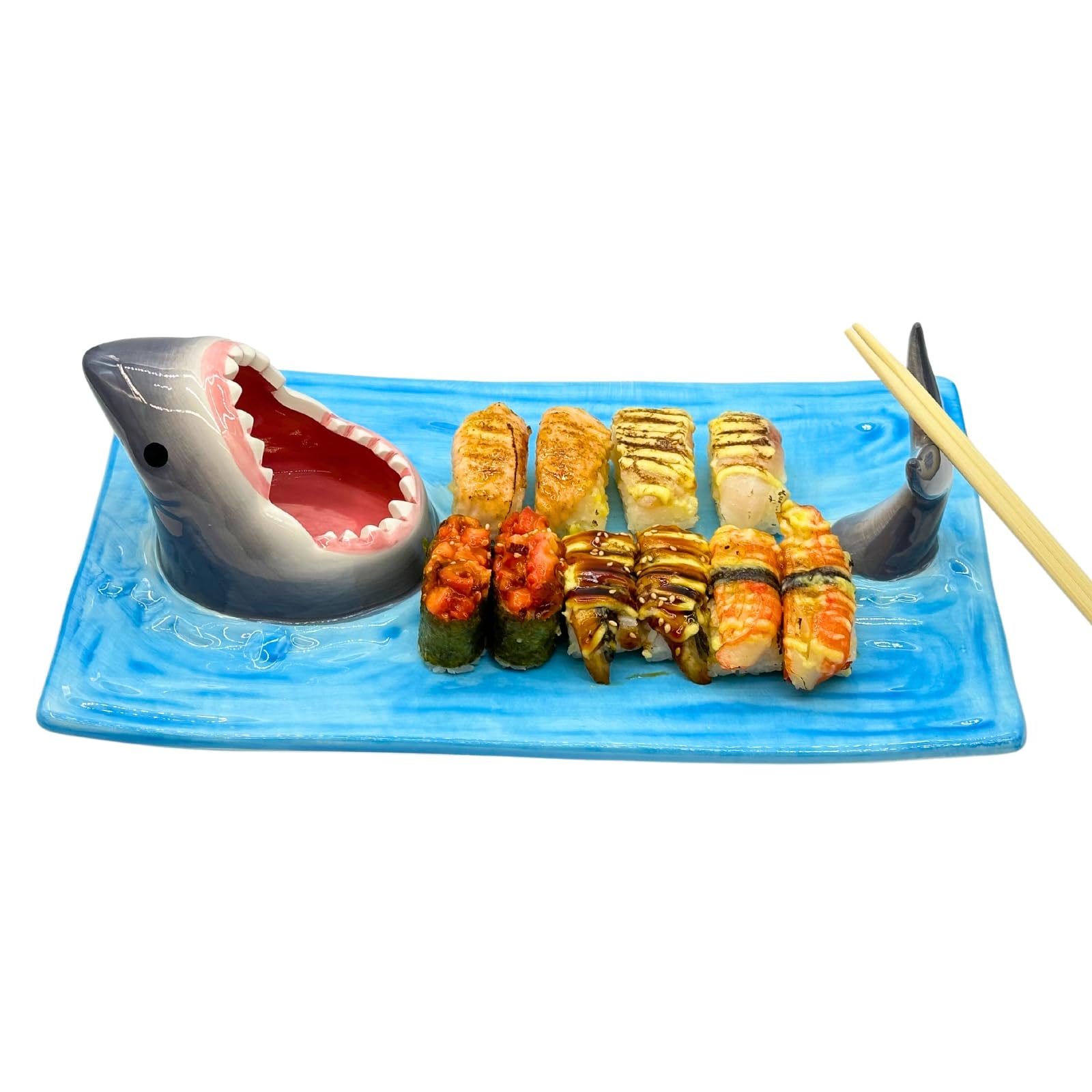 Shark Sushi-Teller und Sojasaucenschalen, handbemalt, Keramik, Serviertablett mit Essstäbchenablage (Blau, 33 x 20 cm)