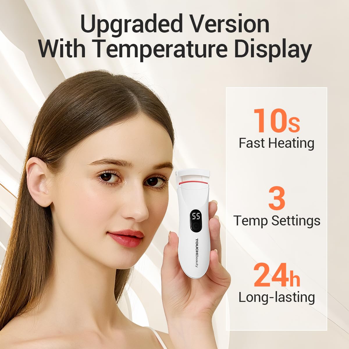 TOUCHBeauty Rizador de pestañas climatizado con indicador LED, rizador de pestañas eléctrico con 3 ajustes de temperatura, oscilación natural con silicona térmica, calentamiento rápido de 10 segundos