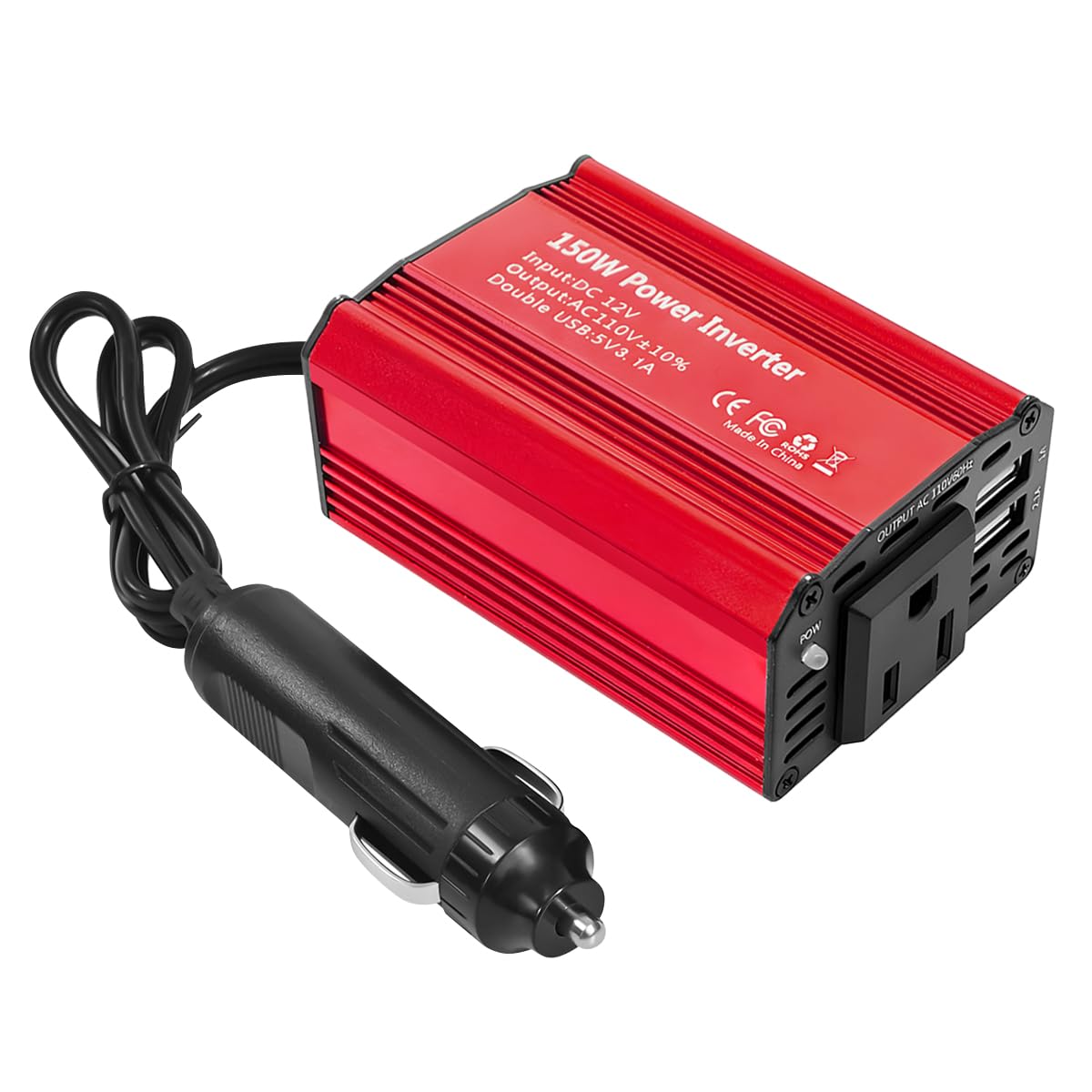 150W Car Power Inverter, DC 12V to 110V AC Auto Charger Converter, Vehicle Adapter Plug Outlet with 3.1A Dual USB Vehicle Charger, Multifunctional Car Accessories for Laptop (Red)