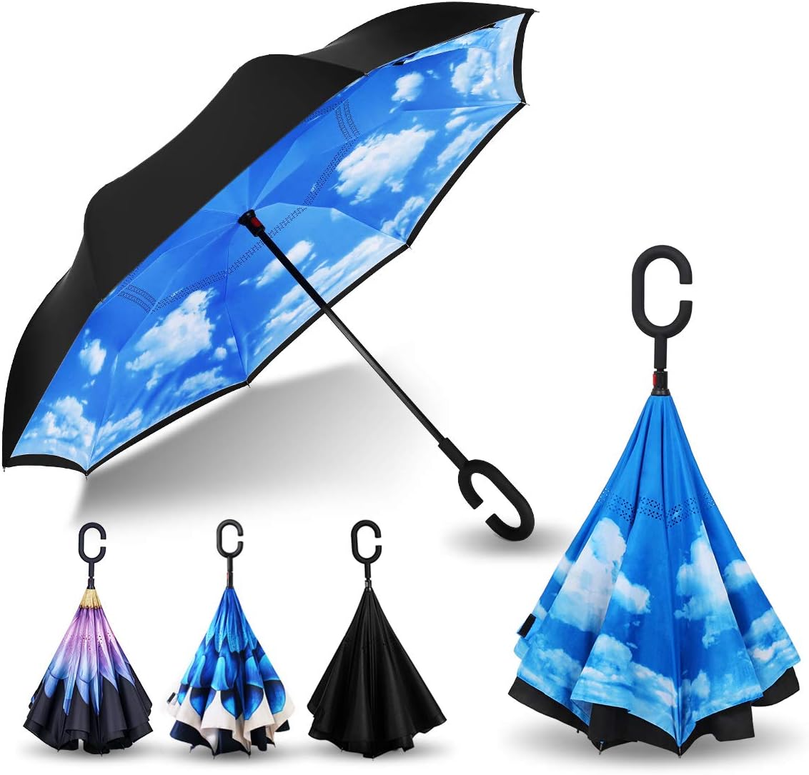 AmbrellaOK Double Layer Inverted Umbrella for Car Reverse Folding Upside Down C-Shaped Hands Free Handle - Compact Lightweight & Windproof – Ideal Gift Men & Women