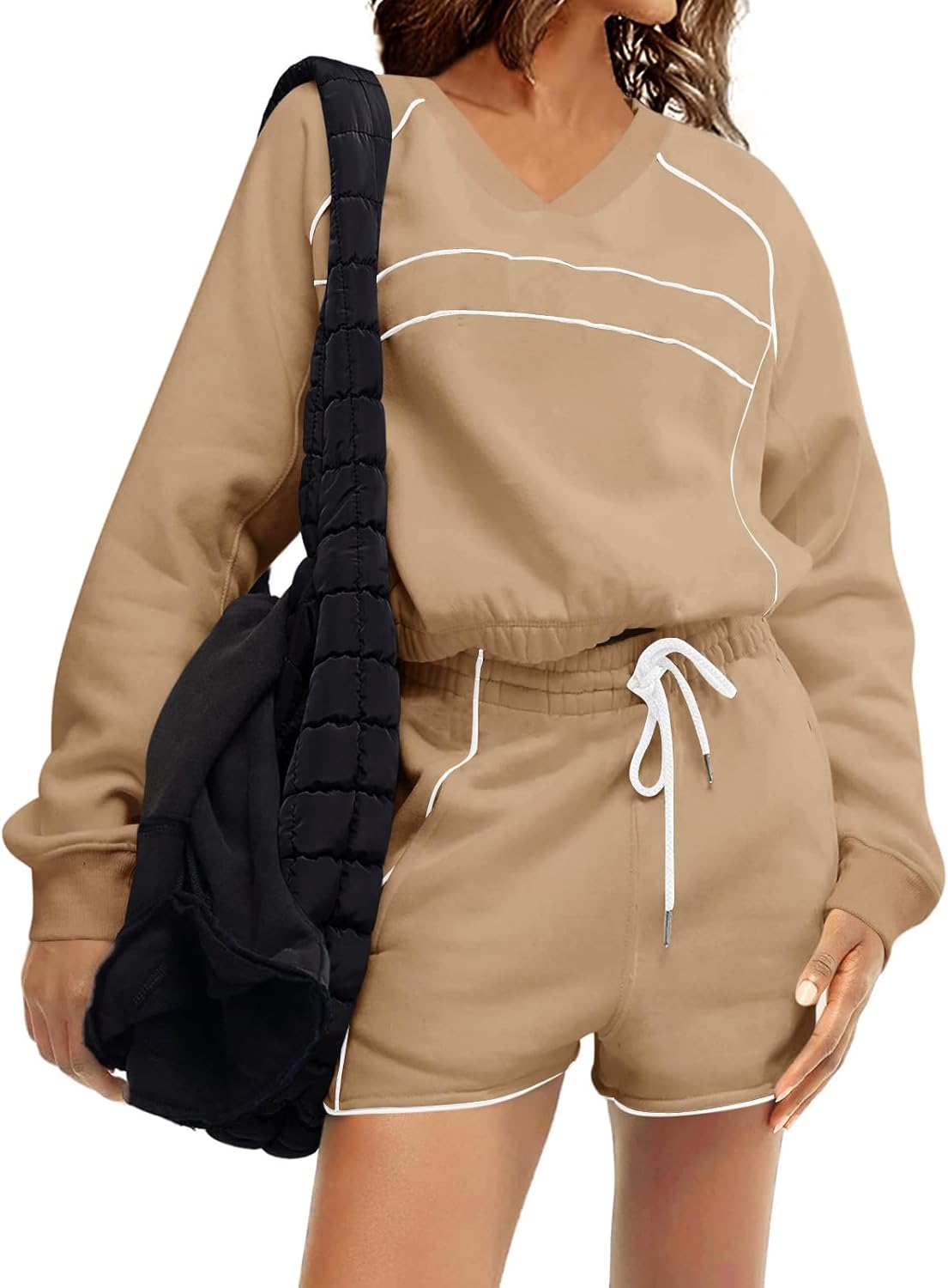 Fisoew Womens Sweatsuits 2 Piece Outfits V Neck Fleece Sweatshirts Contrast High Waisted Shorts Casual Tracksuits Lounge Sets