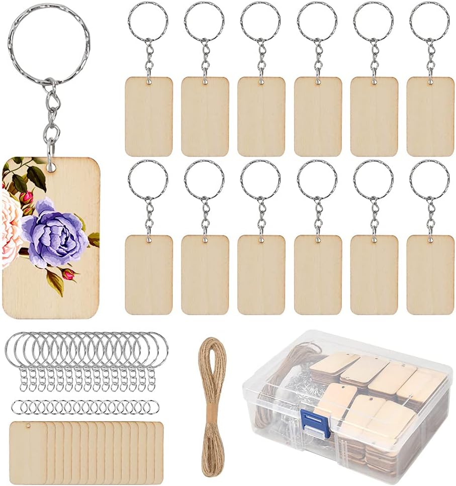 - BUYGOO 80pcs Unfinished Wooden Keychain Set with 80 Key Rings and Hemp Rope for DIY Craft