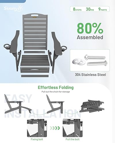 Miniatura 6 de Silla plegable Adirondack con otomana retráctil, resistente a la intemperie, silla de patio con 2 portavasos, sillas de césped al aire libre (gris)