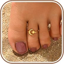 LOVECOM 925 Sterling Silver Moon Star Toe Rings for Women Mom | Dainty 14K Gold Plated Crescent Adjustable Open Band Toe Ring Stacking Summer Beach Foot Birthday Jewelry Gifts to Daughter