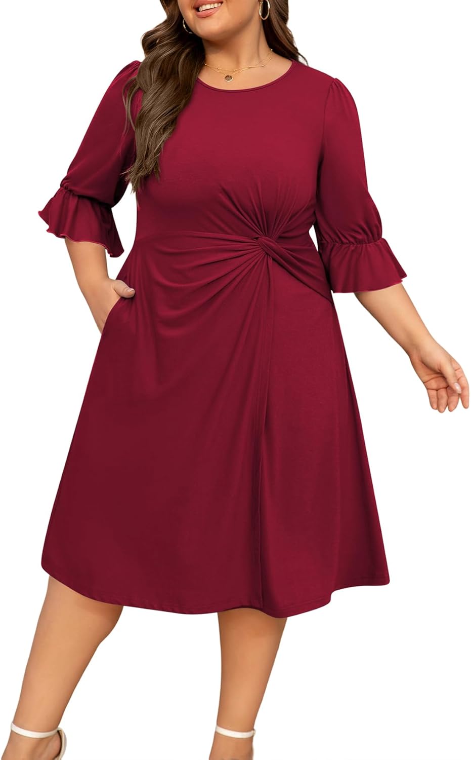 Women's Plus Size Dresses Casual 3/4 Ruffle Sleeve Crew Neck Twist Knot Wrap Patchwork Slit Hem Dress with Pocket (Wine Red,4XL)
