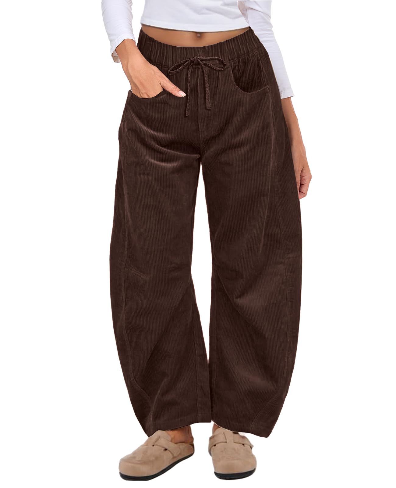 HOTIAN Womens Corduroy Pants Barrel Mid Rise Elastic Waist Loose Comfy Casual Baggy Trouser with Pockets